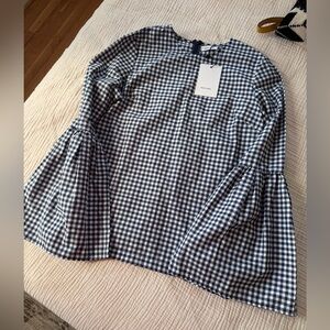 MLM Navy Gingham Bell Sleeve Blouse